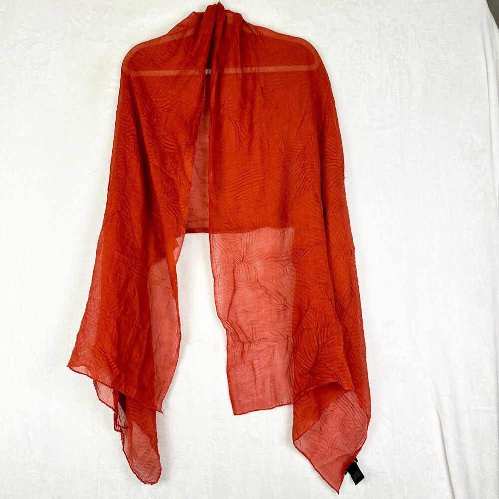 Eileen Fisher Wool Silk Scarf Burnt Orange Textured Crinkle Lightweight